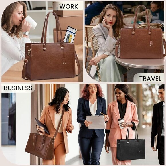 Vintage Laptop Bag Women Brown 15.6 Inch Waterproof Leather Work Tote Retro - Picture 5 of 7